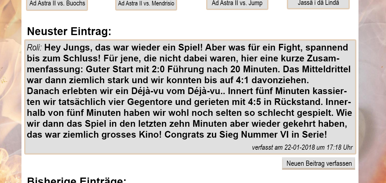 Der HII-Intranet Eintrag zum Spiel vom vergangenen Wochenende gegen Floorball Uri.